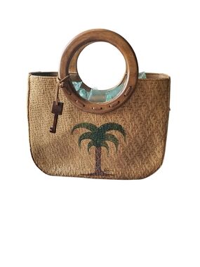 Fossil Palm Tree Straw Tote Bag Wood Handle Leather Trim Resort Beach Purse